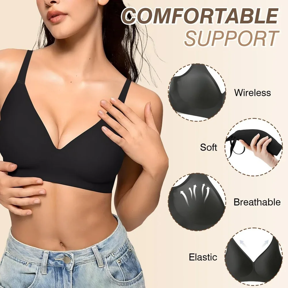 Greoay Women's Black Bras Wireless Push Up Seamless Wire-Free Full Support XL